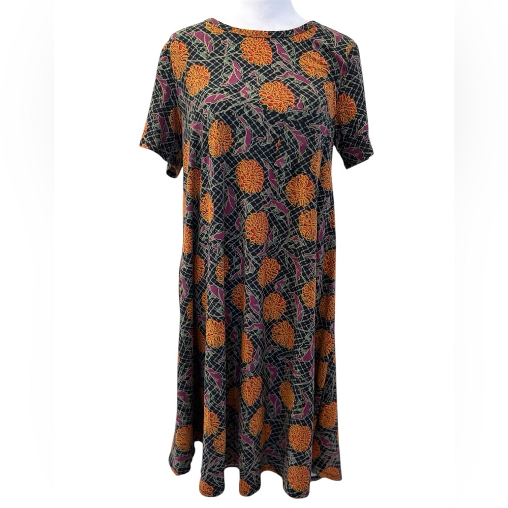 Small LuLaRoe Black Orange Purple Floral Carly Swing Dress
